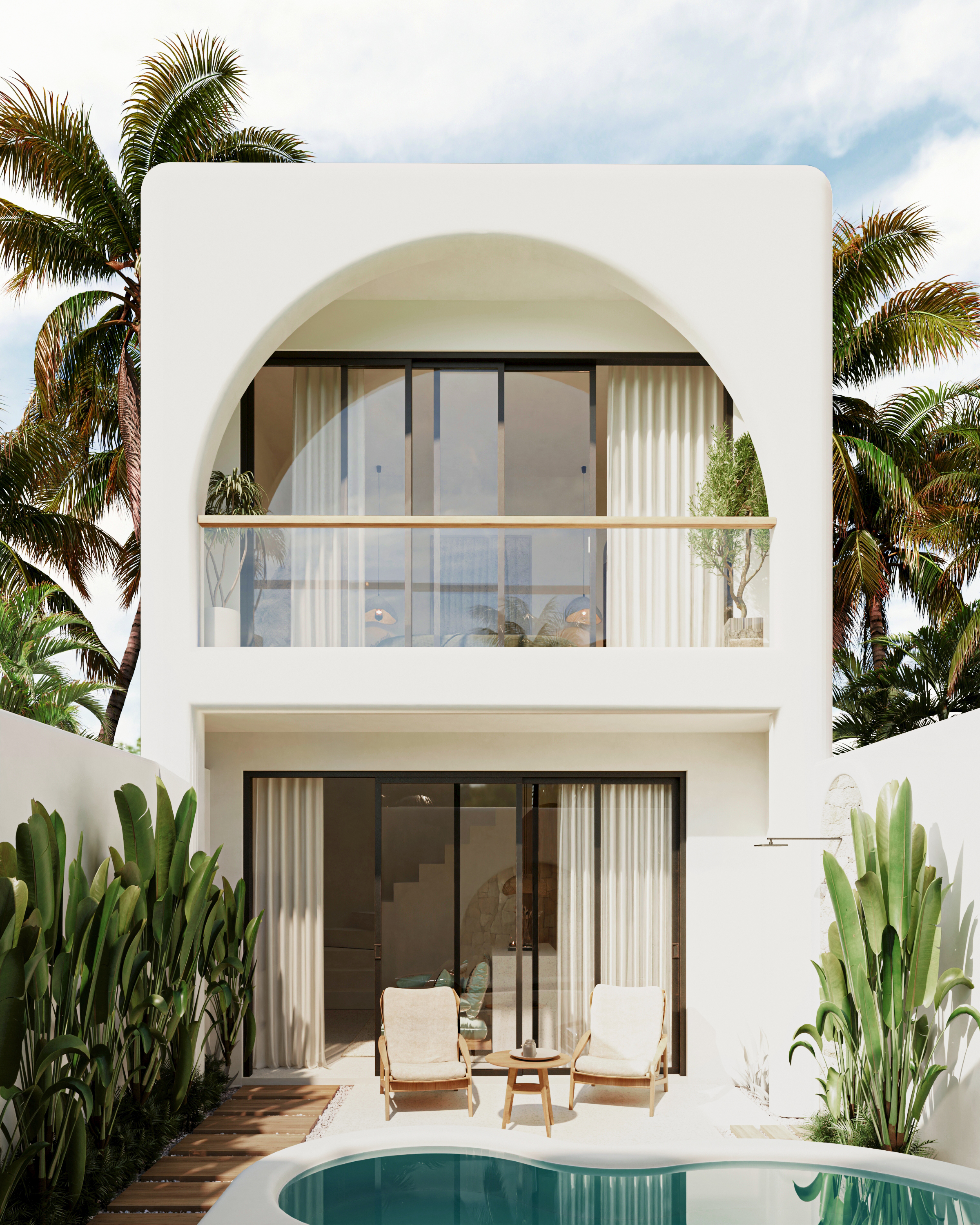 Villa Caia arched facade with palm trees and plunge pool