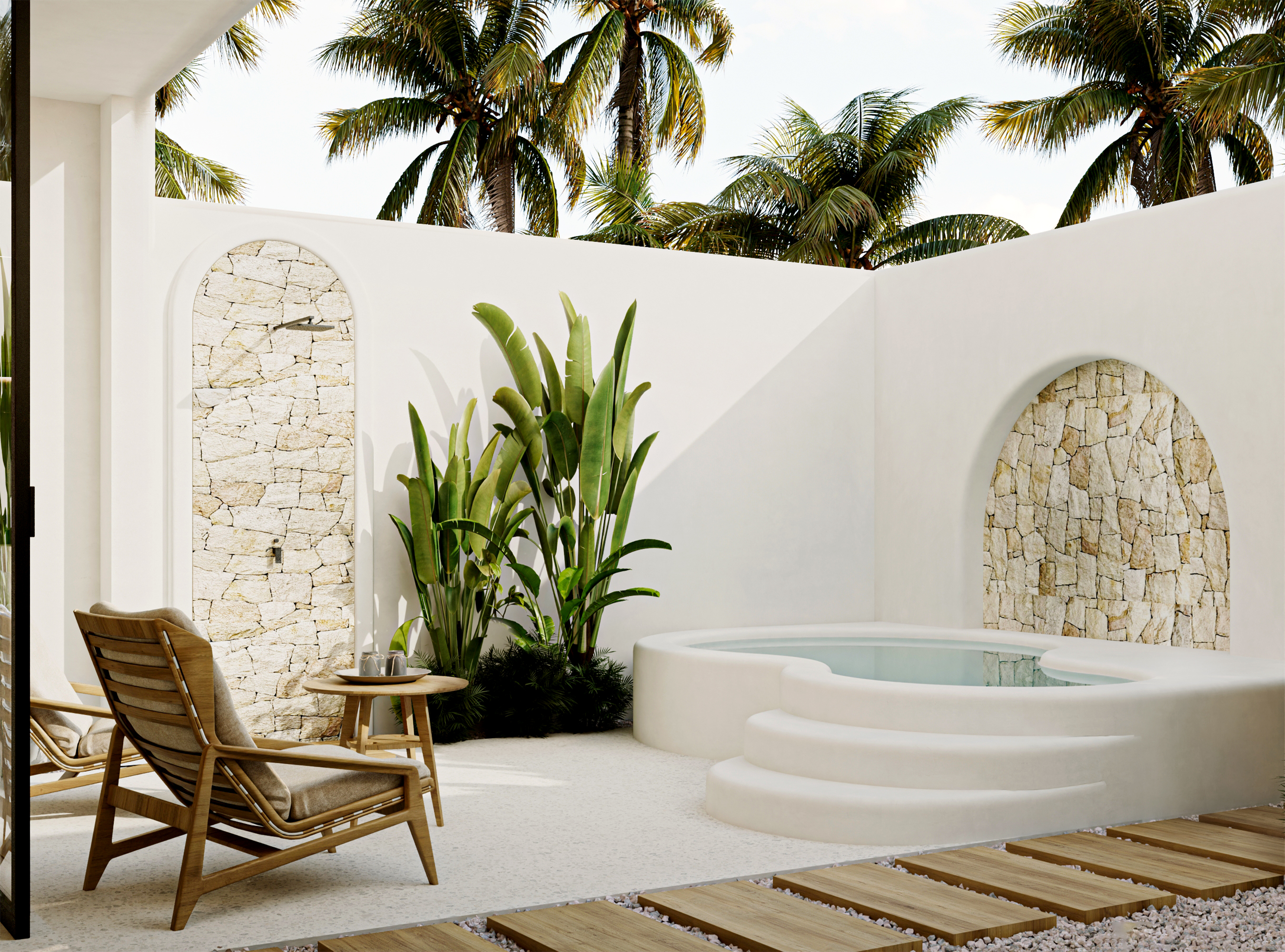 Private plunge pool with stone arch niches and palms