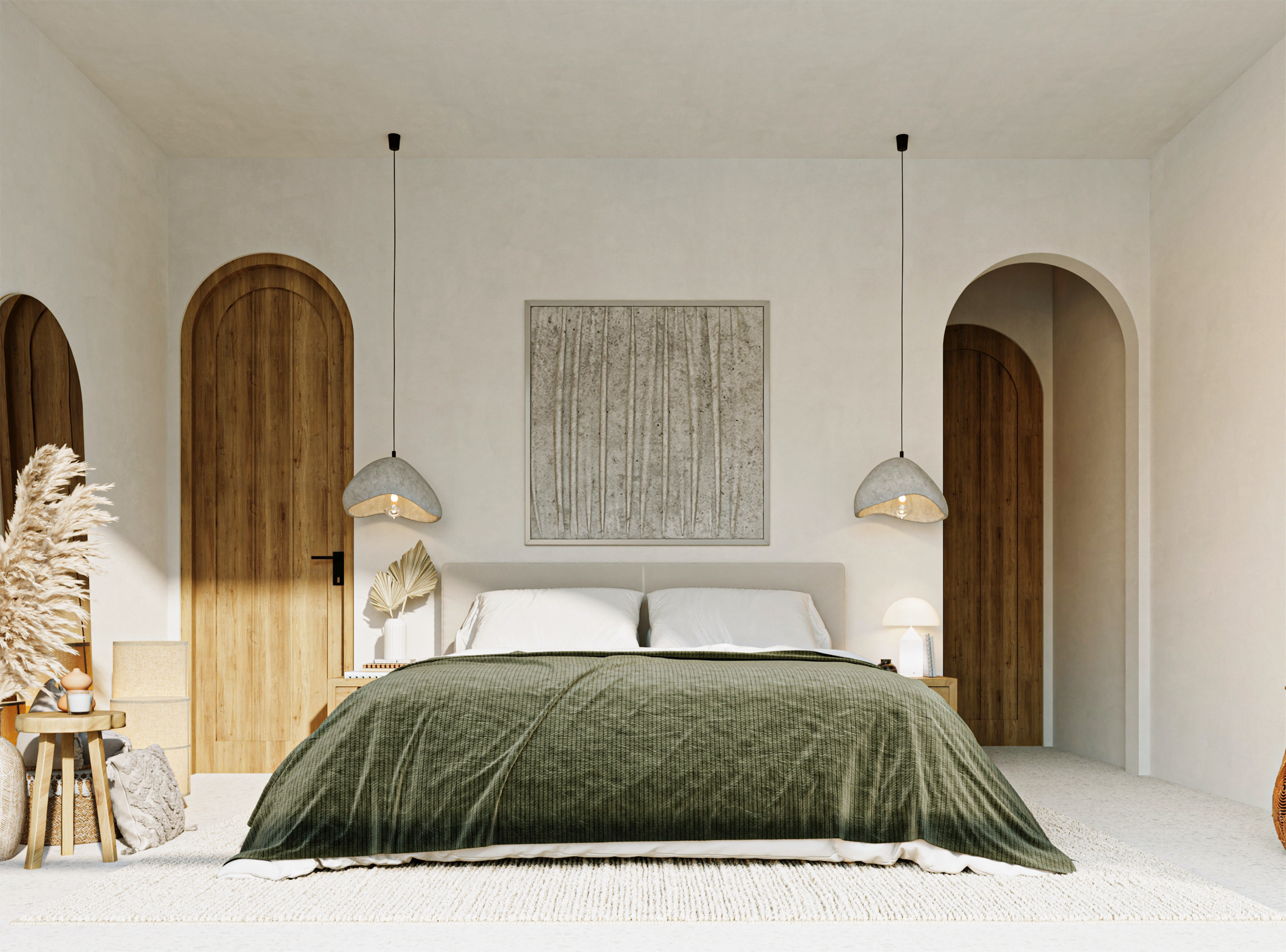 Master bedroom with arched wooden doors